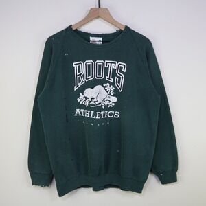 Vintage 90s Roots Athletics Canada Sweatshirt XL Green Cotton Distressed Grunge
